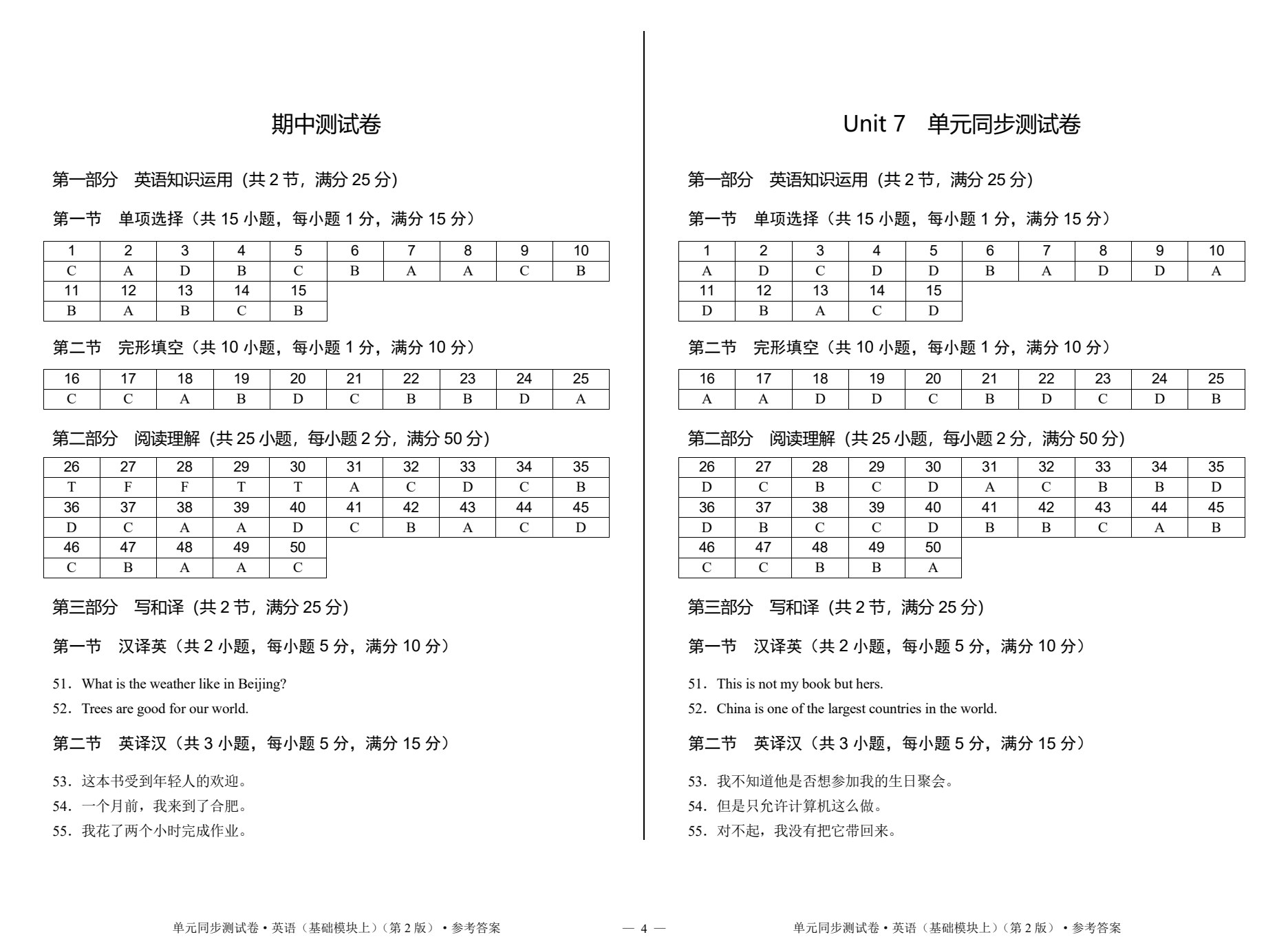 单元同步测试卷&middot;英语（基础模块上）（第2版）