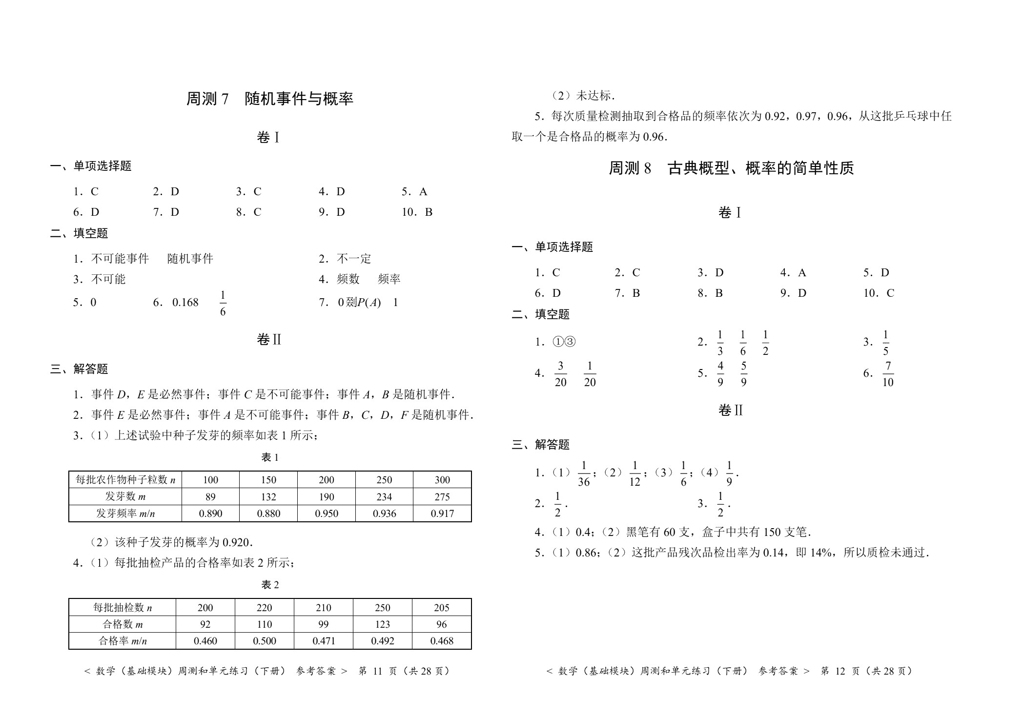 数学（基础模块）周测和单元练习（下册）[北师大新课标]